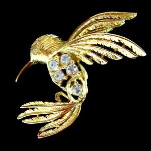 Vintage NAPIER gold tone and clear rhinestone hummingbird brooch - Sparkle!
